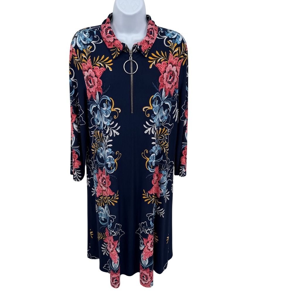 MSK Women's XL Midi Dress Navy Blue Floral Quarter Zip Ring‎ Pull Long Sleeve